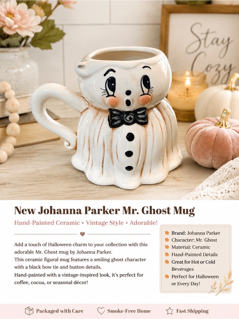 NEW Johanna Parker Mr. Ghost Ceramic Figural Mug Halloween Vintage Style